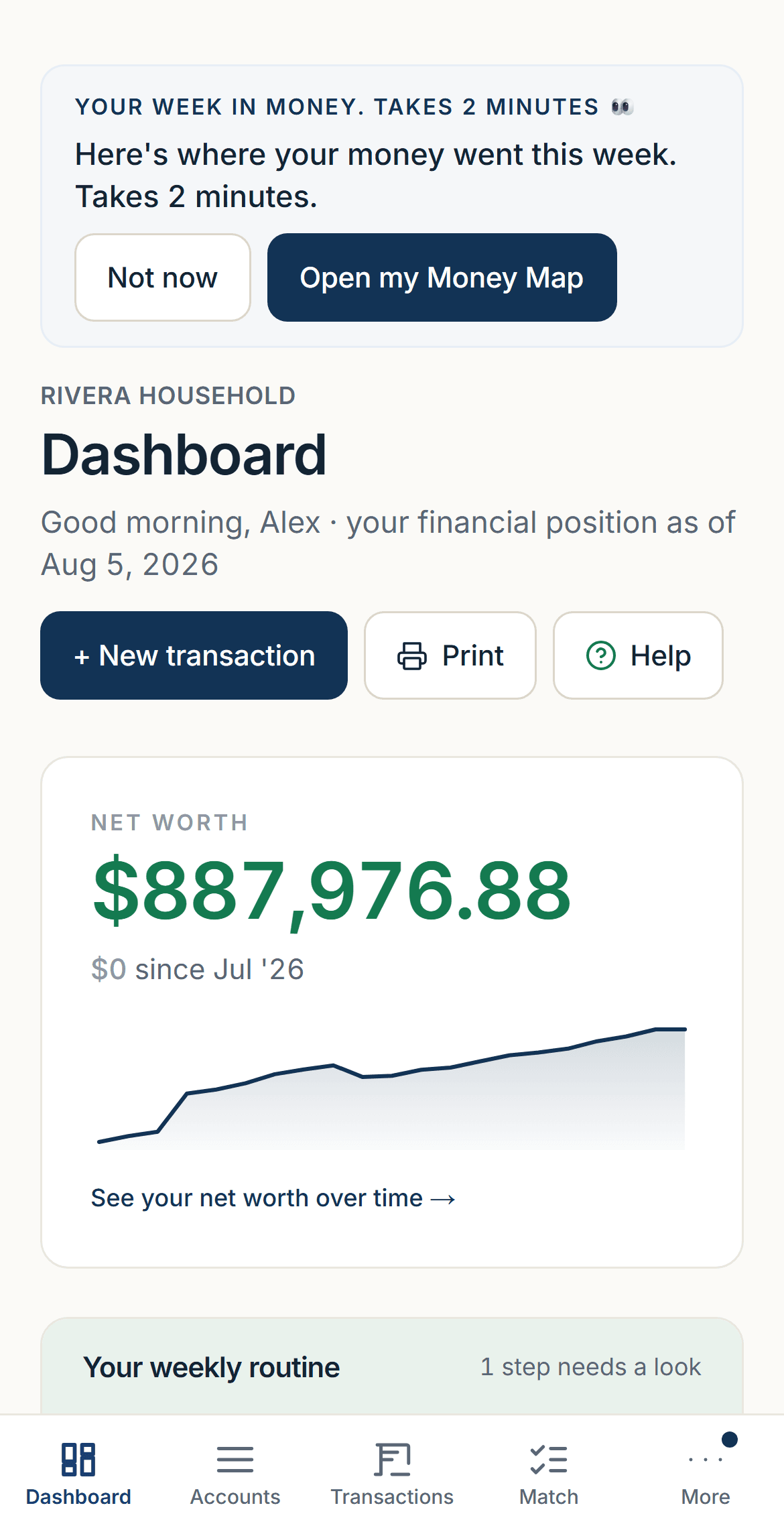 The Marked Money dashboard on a phone: a net worth of $887,976.88 with its trend chart, above the start of the weekly routine checklist.